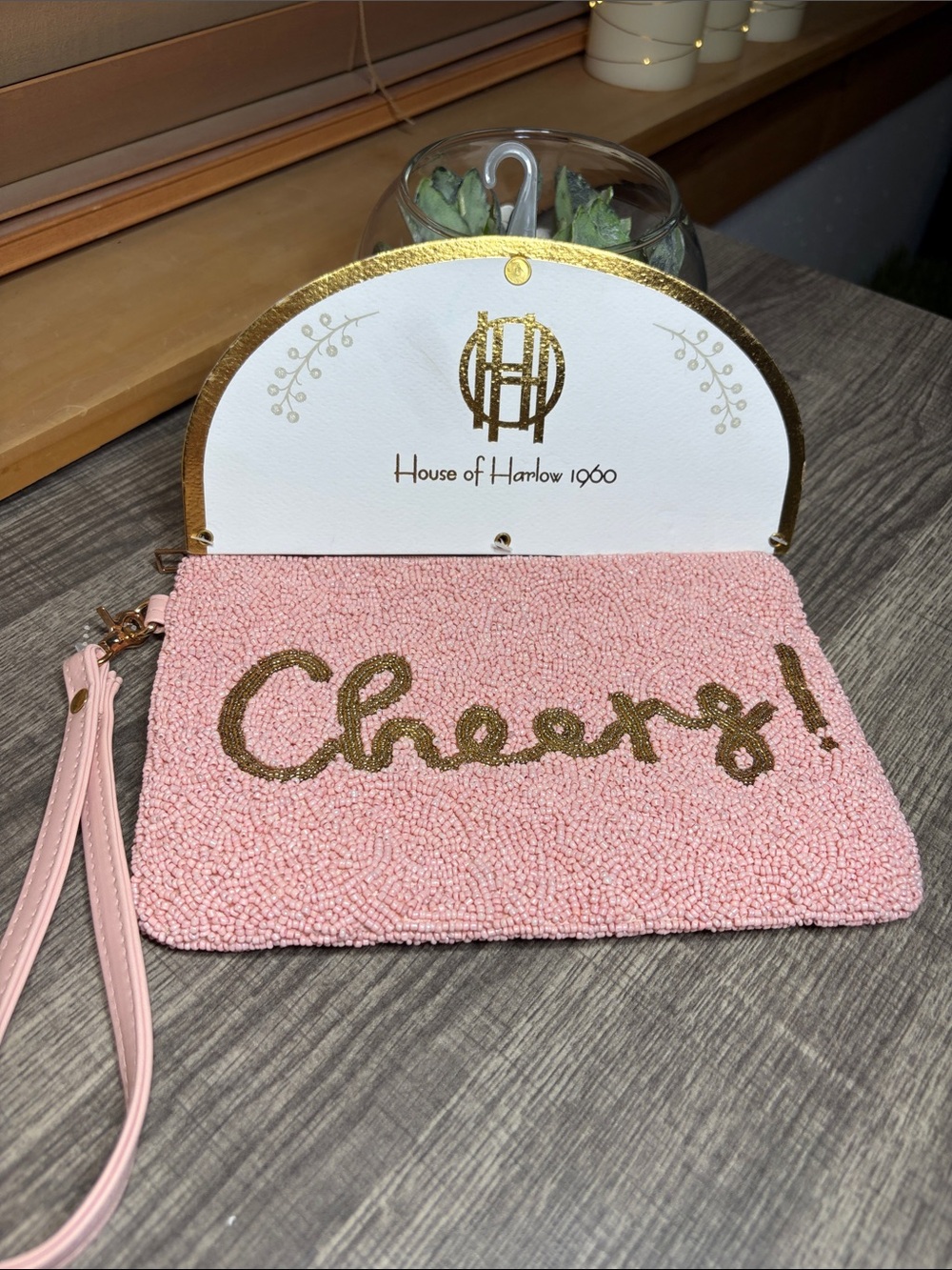 House of Harlow 1960 Pink Beaded Wristlet with Gold 'Cheers' Script